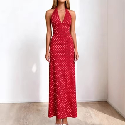 2026 Classic Elegant Women's Polka Dot Halter Neck Floral Dress Valentine's Day Red Summer Evening Dress