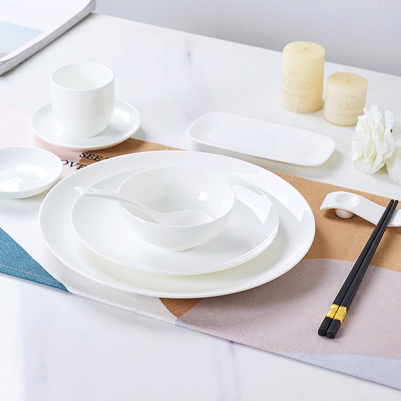 Jingdezhen Ceramic Tableware Hotel Dish Set Restaurant Home White Bone China Bowls, Plates, Spoons and Cups