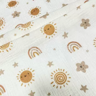 全棉双层纱布小太阳印花双层绉布褶皱肌理面料宝宝包被月子服面料