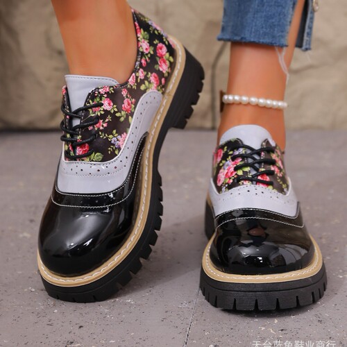 Thick heel floral lace large size brock single-layer shoes for women 2025 autumn color matching round head loafer low-cut shoes foreign trade 43