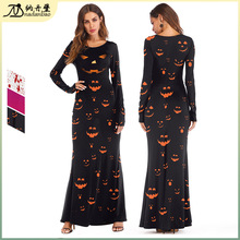 万圣节裙子2024欧美女装跨境女士长款圆领长袖南瓜数码印花连衣裙