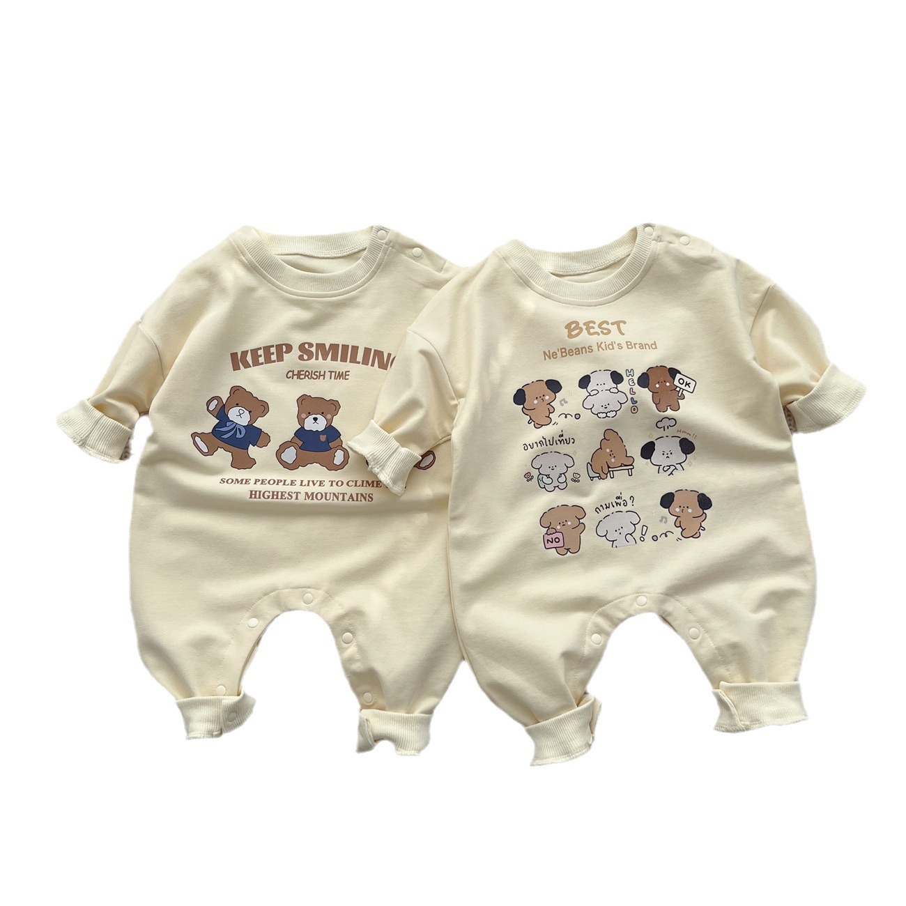 Primavera crema viento ropa de bebé algodón suave bebé Mono para hombres y mujeres beige lobie oso heno