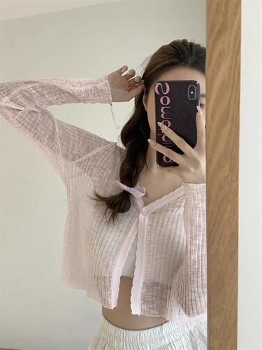 Designer-style niche summer jacket, slimming thin top, cross-border women's V-neck apricot long-sleeved knitted sweater for layering
