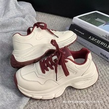 厚底内增高老爹鞋女小个子2025新款休闲运动皮面德训鞋时尚旅游鞋