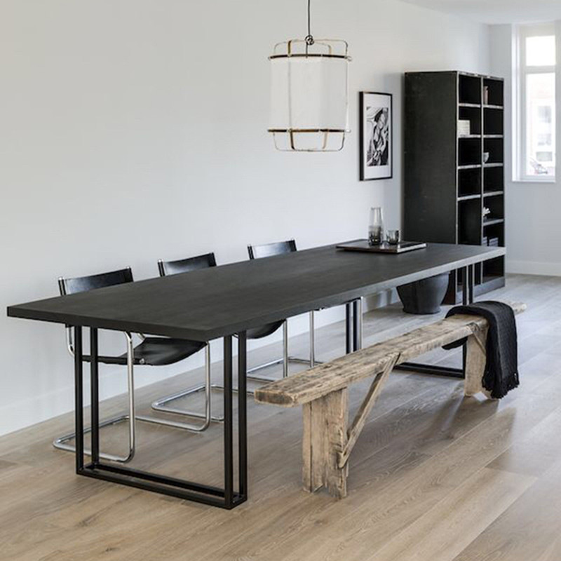 简约长方形实木餐桌 黑色工作台复古会议桌 家用原木长条办公桌子