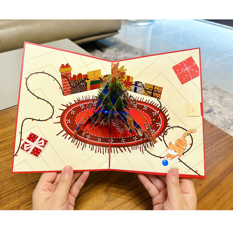 跨境立体音乐灯光圣诞贺卡圣诞树猫咪场景纸雕礼物节日手工祝福卡|undefined