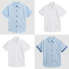 儿童夏季短袖衬衫学生校服上衣男童蓝色夏装衬衣女童全棉白色衬衫