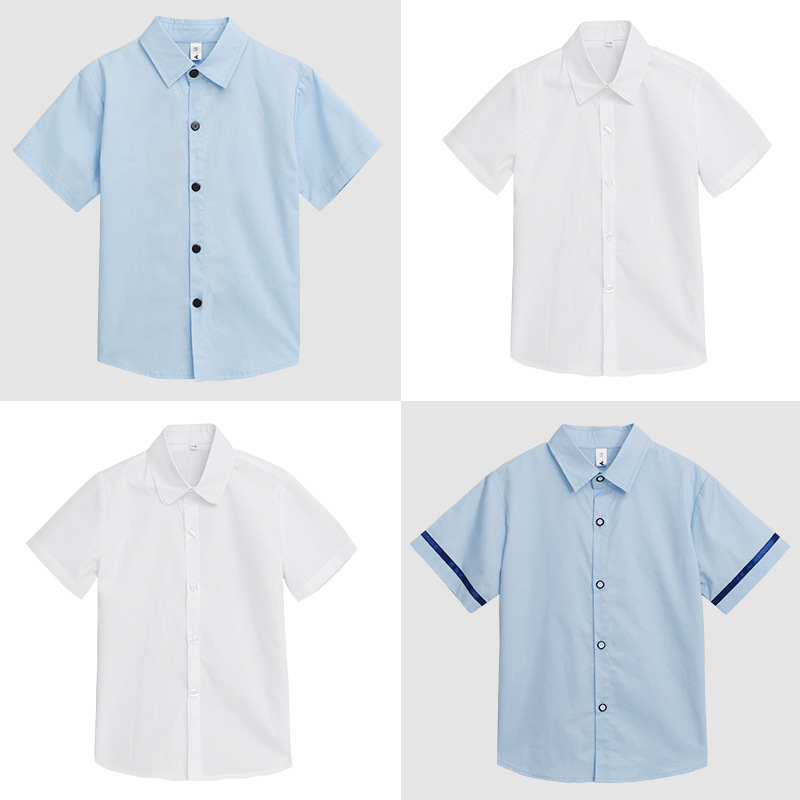 儿童夏季短袖衬衫学生校服上衣男童蓝色夏装衬衣女童全棉白色衬衫
