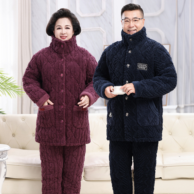 중장년층 파자마 여성 3겹 두꺼운 겨울 퀼팅 재킷 따뜻한 산호 털 남성 아빠 엄마 커플 홈 의류