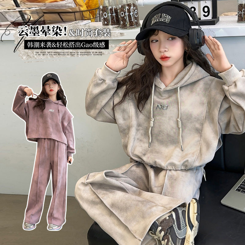 Girls' Casual Spring and Autumn Suit 2025 New Style Children's Girls' Fashionable Sports Sweatshirt and Sweatpants Two-Piece Set