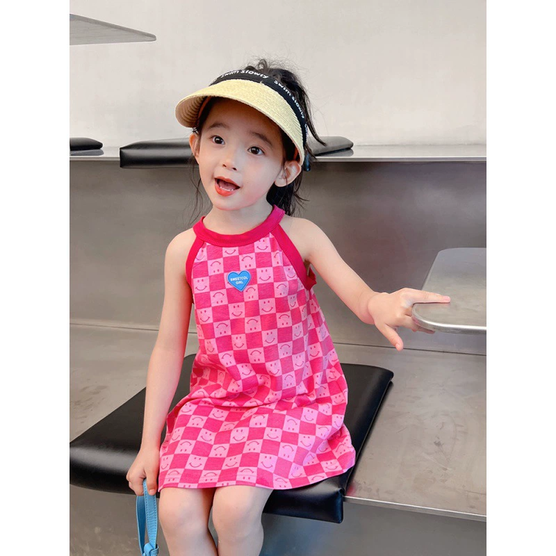 Детская одежда 2024 Летняя Повседневная Новинка, клетчатое платье с принтом смайлика в западном стиле, платье-жилет с ремешками, летнее платье