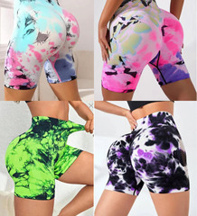 50+ Color Seamless High-Waist Tie-Dye Yoga Shorts, Bodycon Tummy Tuck and Glute-Slimming Peach Yoga Fitness 3-Piece Fitness Set