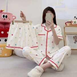 新款可爱少女爱心豹纹短袖睡衣女士夏季贝壳云朵棉三件套家居服