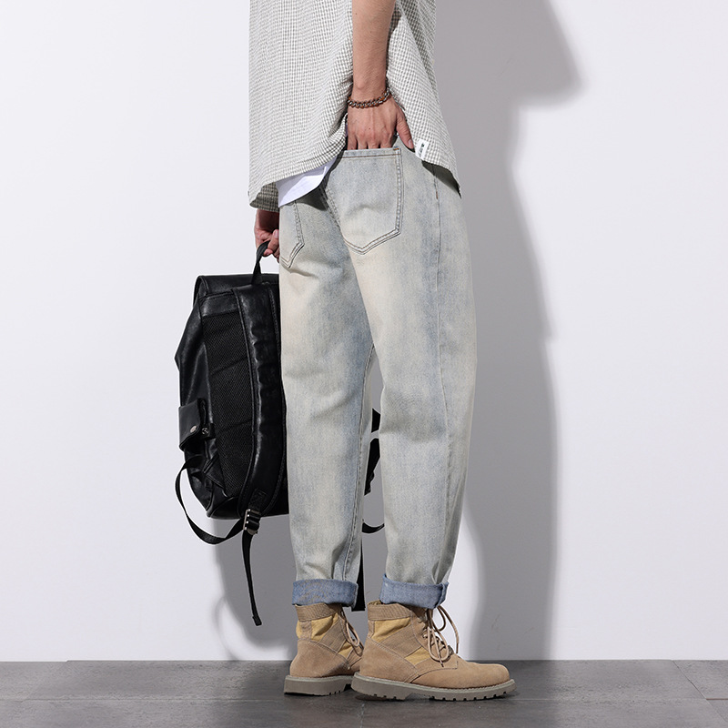 Men's summer new washed jeans, men's loose, simple and versatile elastic cropped pants_voghion.com