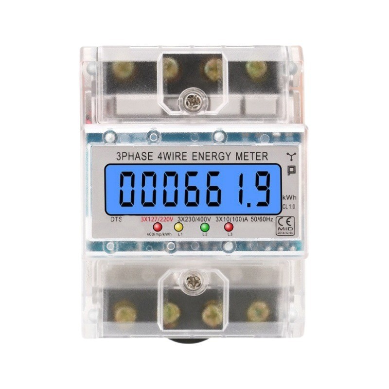 Medidor eléctrico tipo riel de comercio exterior, retroiluminación trifásica de cuatro hilos, pantalla LCD, medidor de vatios-hora doméstico, medidor eléctrico 230V400V