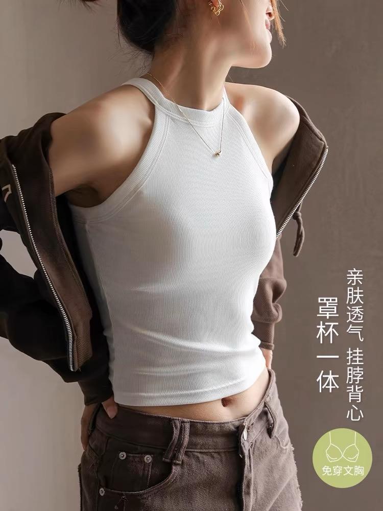 Douyinの人気のホルターネックキャミソール、女性用、通気性のあるボトムス、胸パッド付きブラジャー、ワンピース、美しい背中、ノースリーブアウターウェア