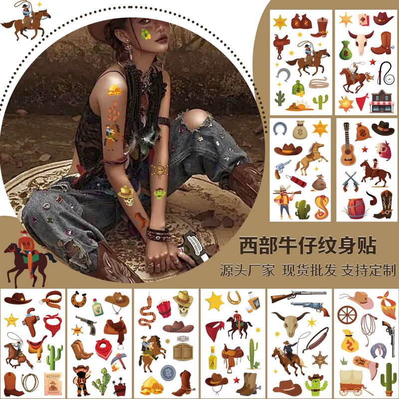 Cross-border New Western Denim Tattoo Sticker Waterproof Cute Cartoon Cowboy Interesting Children Temporary Tattoo Sticker