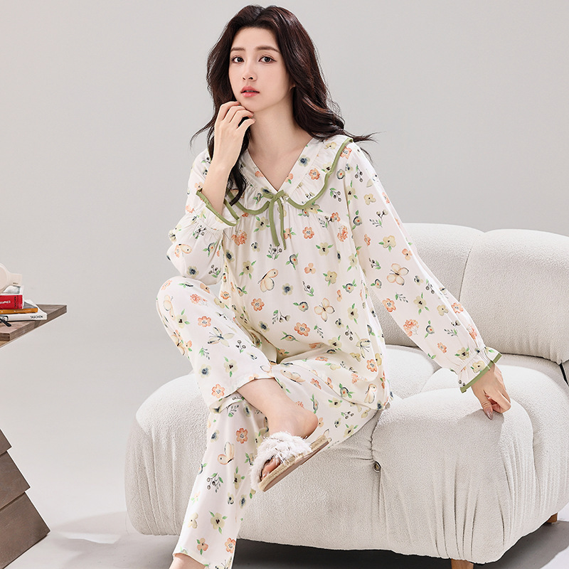 Cotton Silk Pajamas Women's Summer Thin Soft Skin-Friendly Breathable Sweat-Absorbing Home Travel Essential Long Sleeve Trousers suit
