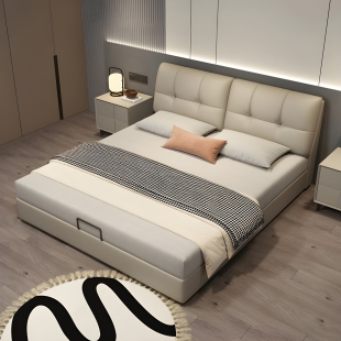 Modern Minimalist Genuine Leather Bed for Master Bedroom, High-End and Elegant Double Light Luxury Internet Celebrity Small Apartment Storage Bread Wedding Bed