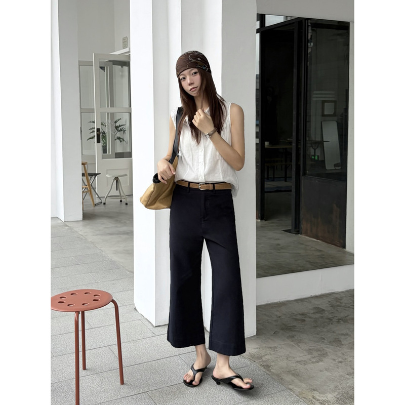 Icciicc Trendy Slightly Stretchy Capri Pants Summer Simple Casual Cropped Flared Pants for Women 2083