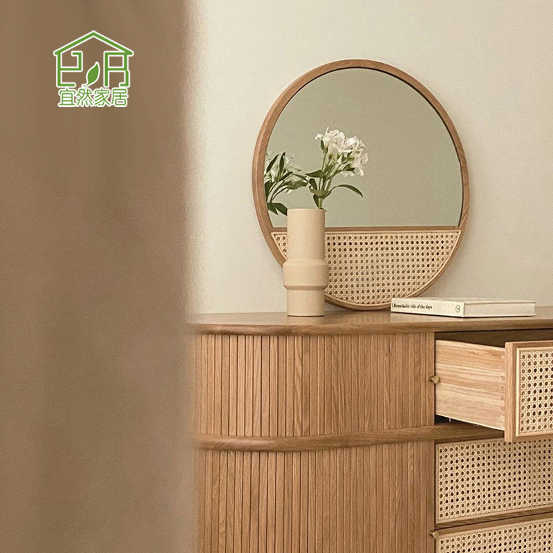 Espejo de caña renacentista nórdico personalizado residencias residenciales manuales in-viento espejo de maquillaje de madera sólida colgado en pared espejo circular
