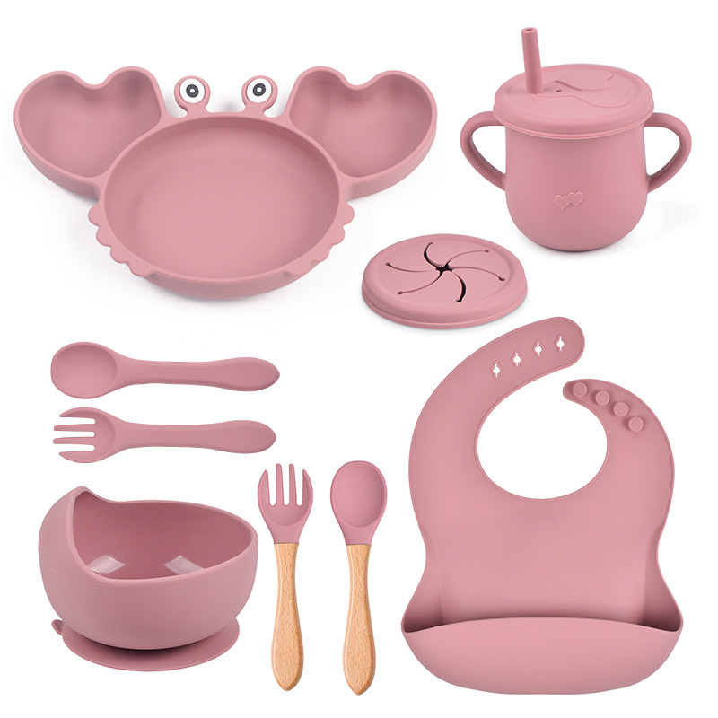 Set de vajilla para bebé de silicona de 9 piezas - Plato con forma de cangrejo, babero, plato dividido, cuchara, tenedor, taza