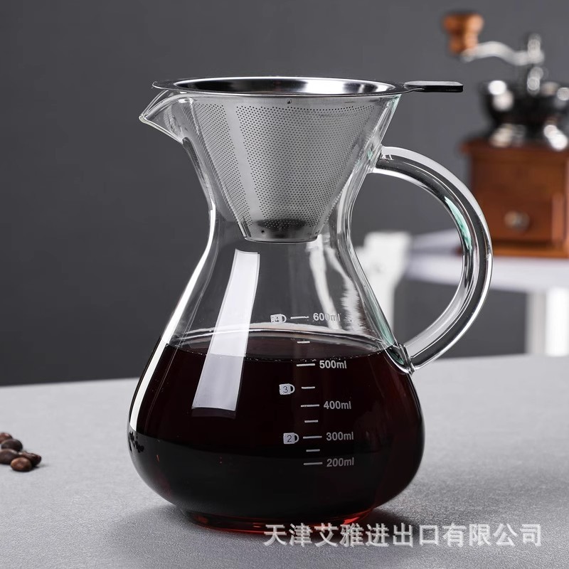 透明ガラスコーヒーポットアメリカンスタイル家庭用手淹れシェアリングカップドリップフィルターステンレス鋼フィルターカップコーヒー漏斗カップ|undefined