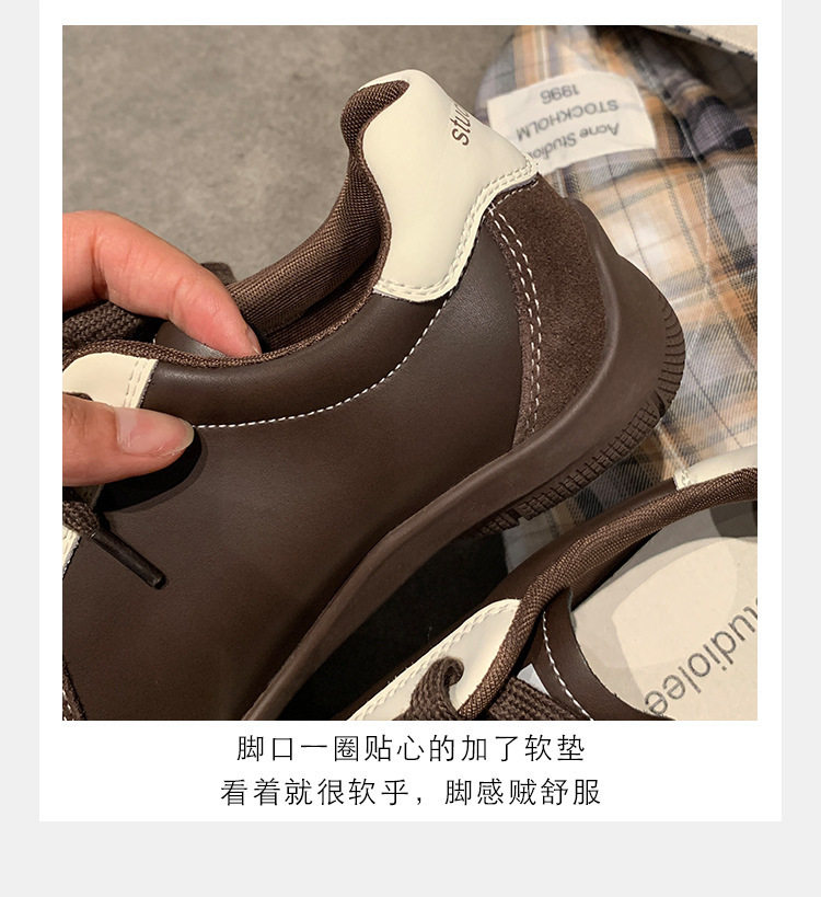 Giày sneaker nữ da bò phối màu mũi tròn dây buộc tăng chiều cao — Màu trắng nhạt, màu sô cô la, màu vàng, màu đen chi tiết 16