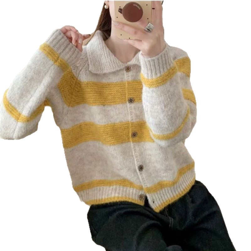 Coreano retro contraste a rayas suéter con solapa Cardigan abrigo de mujeres otoño invierno suelto viento perezoso camiseta de punto pequeña image 6