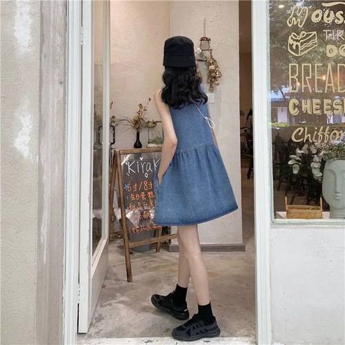 French retro petite denim suspender skirt for women summer 2022 new versatile slim V-neck petite dress