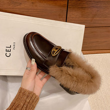 2025秋冬新款方头中跟方跟深口单鞋兔毛皮带扣时装鞋欧美毛毛女鞋