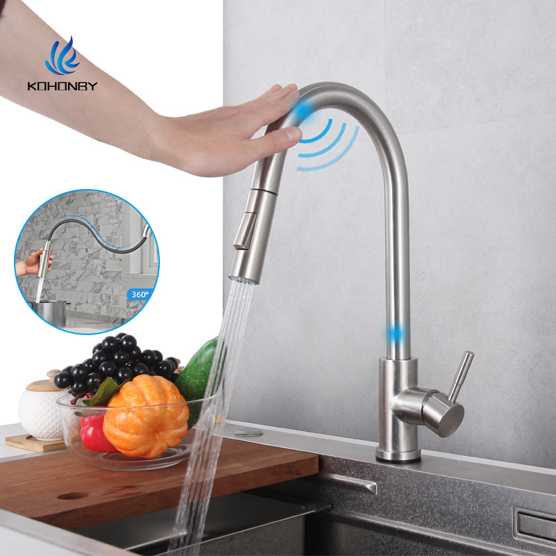 304 stainless steel touch faucet kitchen induction faucet pull touch water hot and cold universal sink dish washing