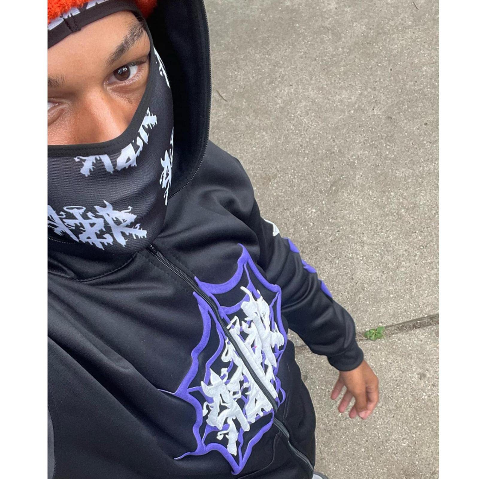 Felpa con cappuccio e stampa in schiuma di ragno color-block con cerniera, stile punk hip-hop Y2K, per uomo e donna_voghion.com