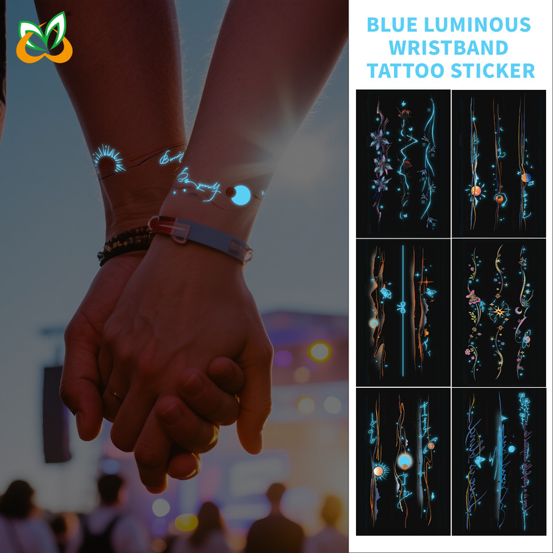 Cross-Border Exclusive Supply of Ready-Made Flower Bracelets for Couples, Personalized Tattoo Stickers, and Luminous Blue Glow-In-The-Dark Tattoo Stickers