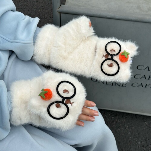 Cartoon Plush Half-Finger Foldable Gloves, New Couple Winter Thickened Student Cycling Cold-Proof Warm Cotton Gloves