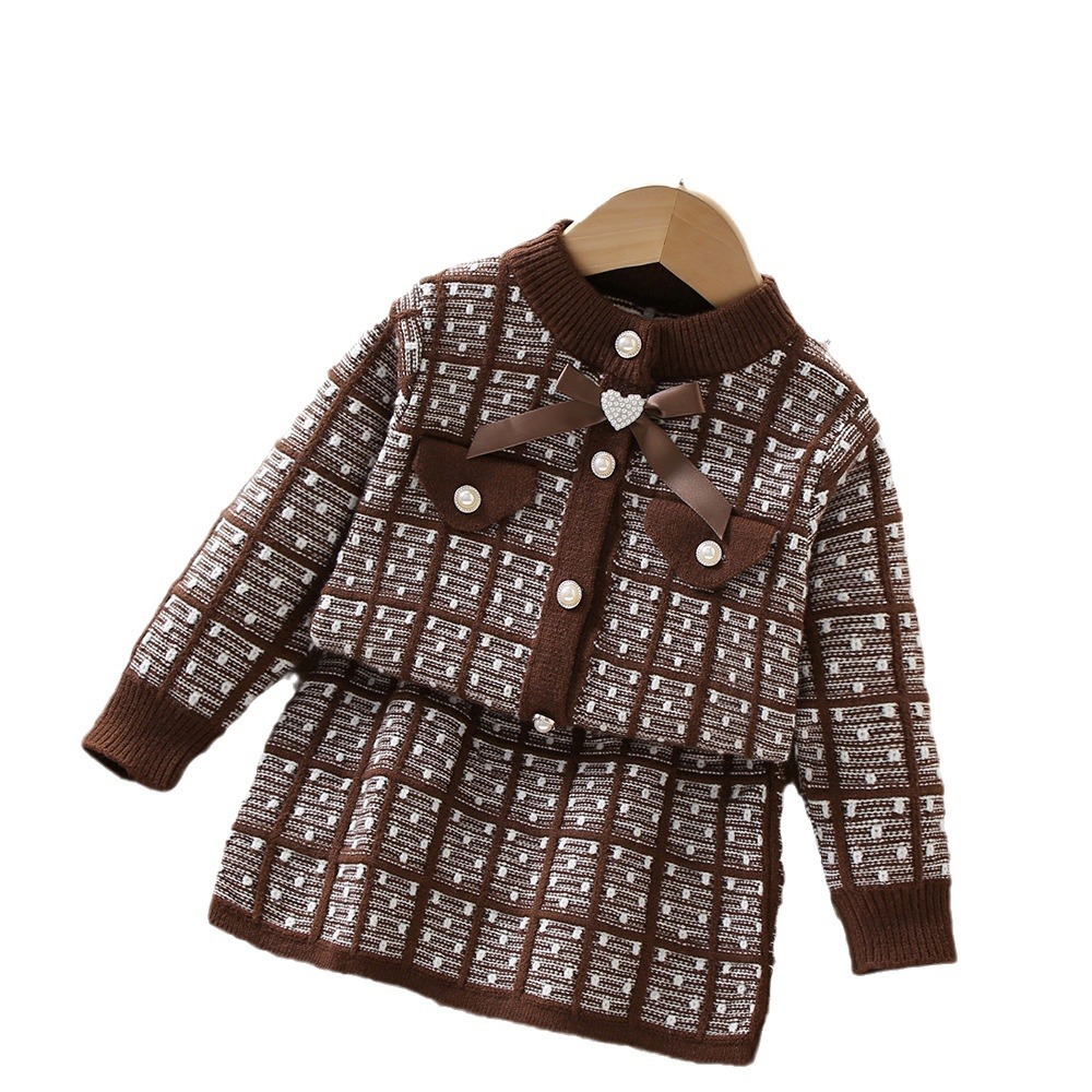 Girls' Sweater 2024 Autumn/Winter New Small Fragrant Stle Butterfl Knot Knitted Cardigan Bag Skirt Two Piece Set_voghion.com