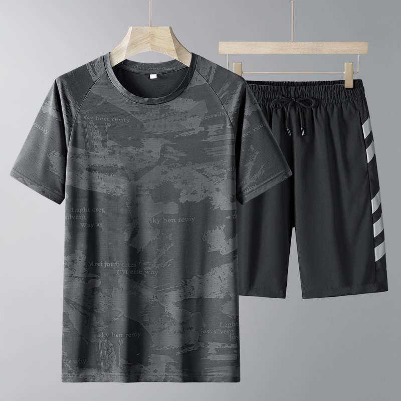 Transfronterizos de verano manga corta traje casual hombre suelto hielo traje de correr pantalones cortos secos rápidos traje deportivo hombre grande