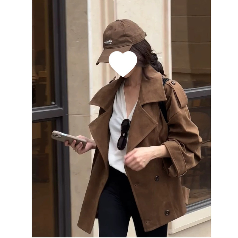 棕色设计感立领麂皮小个子外套女2025秋新款韩系复古宽松休闲大衣|undefined