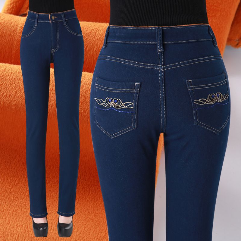 Fleece-Lined Mom Jeans for Women, Autumn and Winter Thickened Straight-Leg Jeans for Middle-Aged Women, Plus Size High-Waisted with Elastic and Fleece