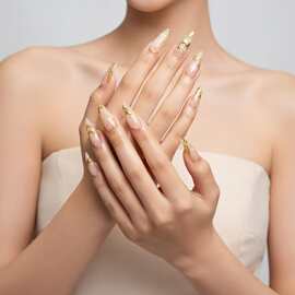 3D烫金简约美甲穿戴甲短款杏仁甲假指甲穿戴甲片欧美热销爆款甲片