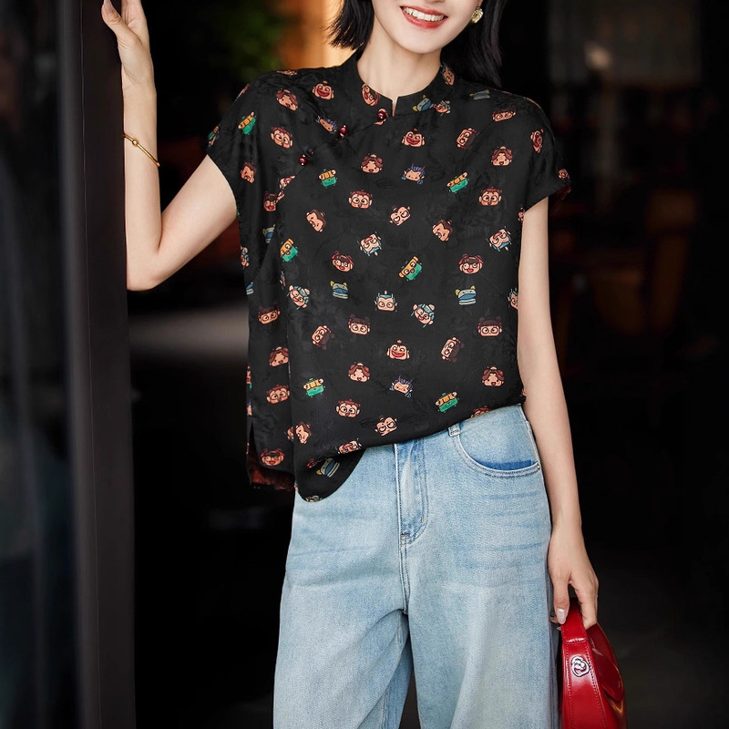 非遗红云纱趣味卡通头像 轻奢真丝中式斜门襟小上衣桑蚕丝衬衫女|undefined