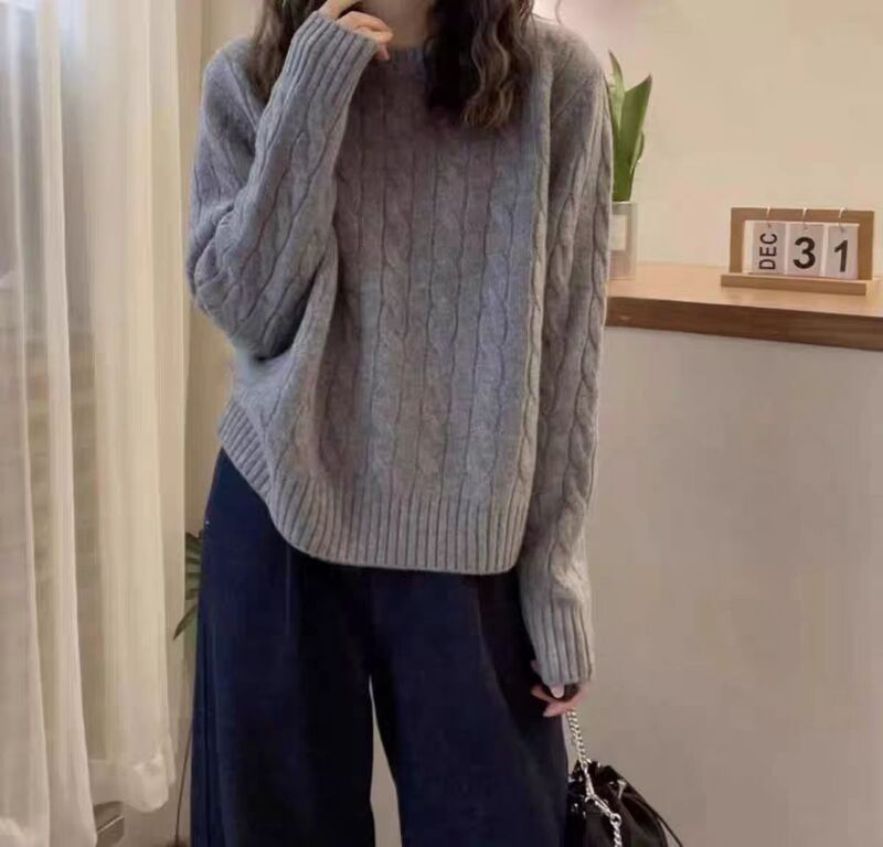 女式圆领纯羊毛长袖内搭纯色扭花设计打底衫秋冬新款亲肤套头毛衣|undefined