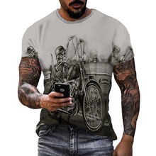 夏季短袖3D數碼印花潮牌骷髏騎車圓領T恤工廠定制低價批發