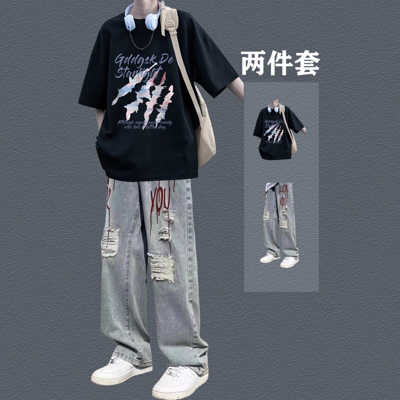 Short-Sleeved T-Shirt, American-Style Boys' Outfit for Teenagers, Ins High Street Jeans, Daily Wear, Thin Two-Piece Set Short-Sleeved T-Shirt, American-Style Boys' Outfit for Teenagers, Ins High Street Jeans, Daily Wear, Thin Two-Piece Set