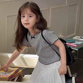 夏季蝴蝶结短袖女童纯色休闲上衣韩版黑色木耳边T恤休闲女童宝宝