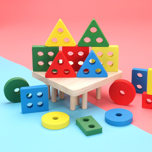 Montessori teaching aids wooden geometric shape columns five sets of columns wisdom columns children's cognitive building blocks matching educational toys