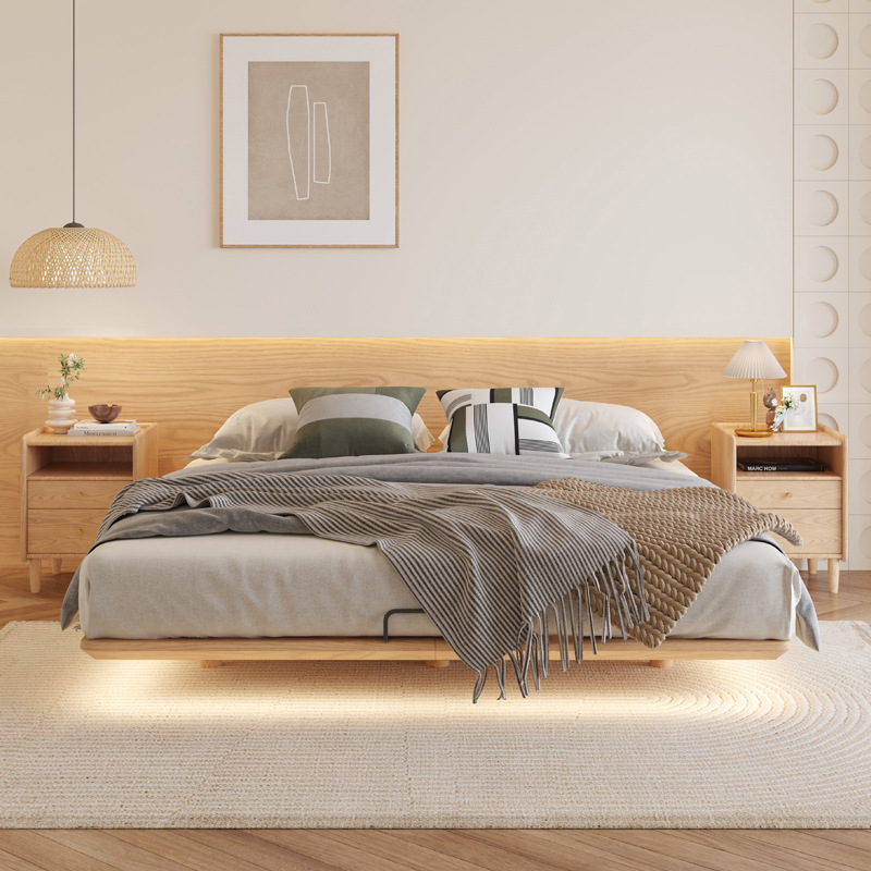 吊り下げ式ベッド 北欧産ホワイトアッシュ材 ベッドヘッドレスベッドフレーム マスターベッドルーム シンプルな無垢材ベッド ダブルベッド ライト付き 純無垢材