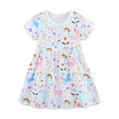 Supply girl's dress, European and American style cartoon unicorn print princess dress, 26 summer new children's dress