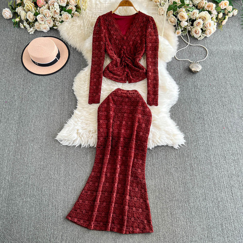 Foreign trade new female royal sister socialite temperament formal occasions long sleeve top lace hip dress two-piece 0415