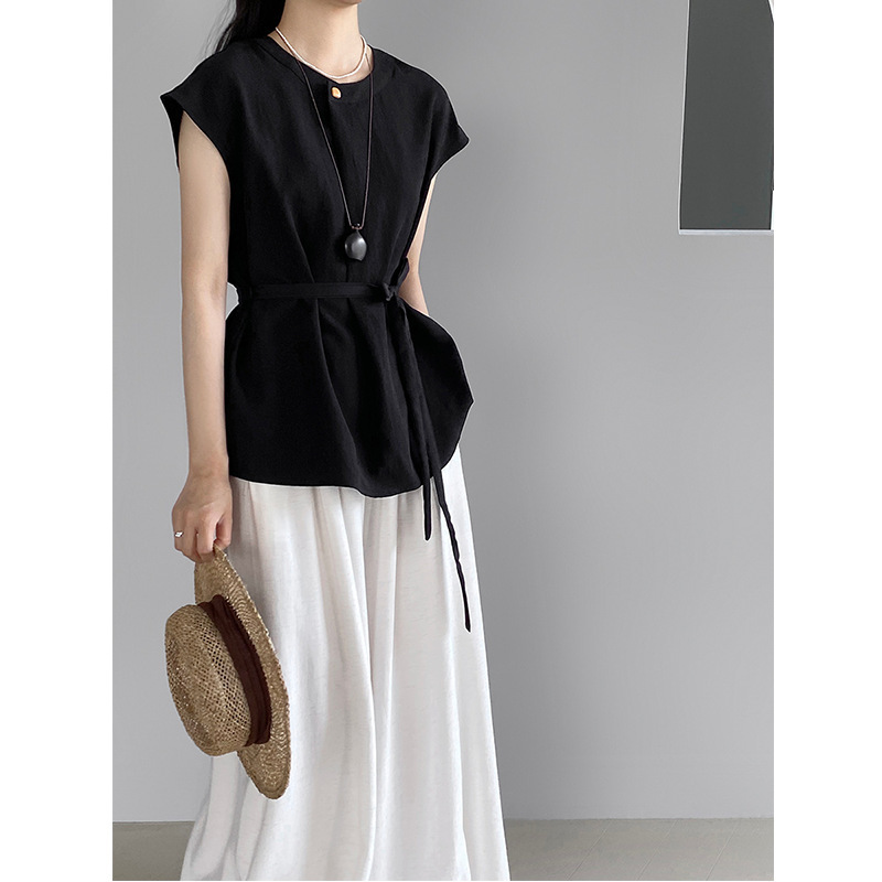 Jiangzuo Korean-Style Design Decorative Buckle Waist-Cinching Blouse for Women, Summer Sleeveless Solid Color Versatile Shirt Top 6302